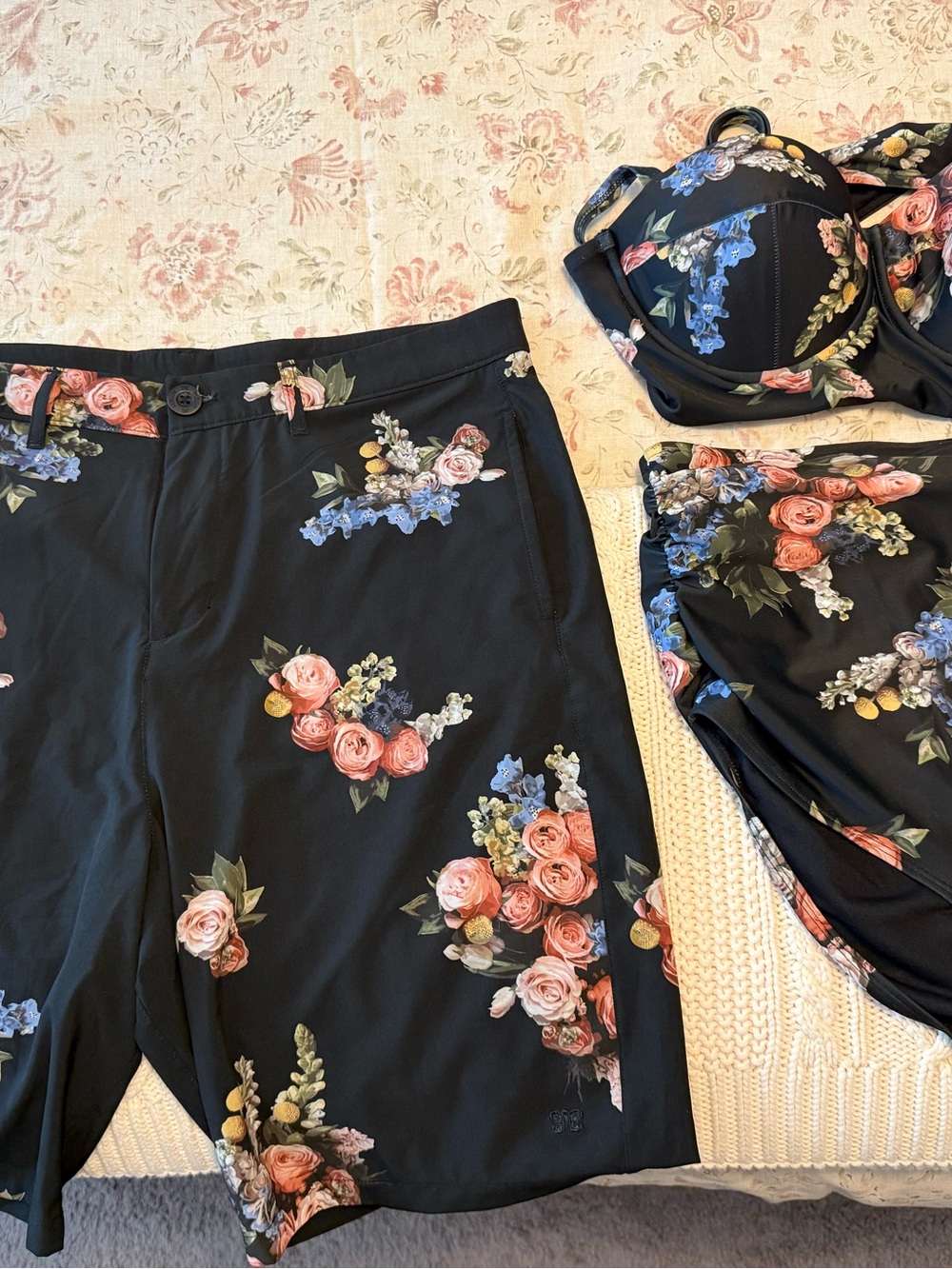 Albion Black Floral Bikini Set with Matching Shorts and High-Waist Bottoms